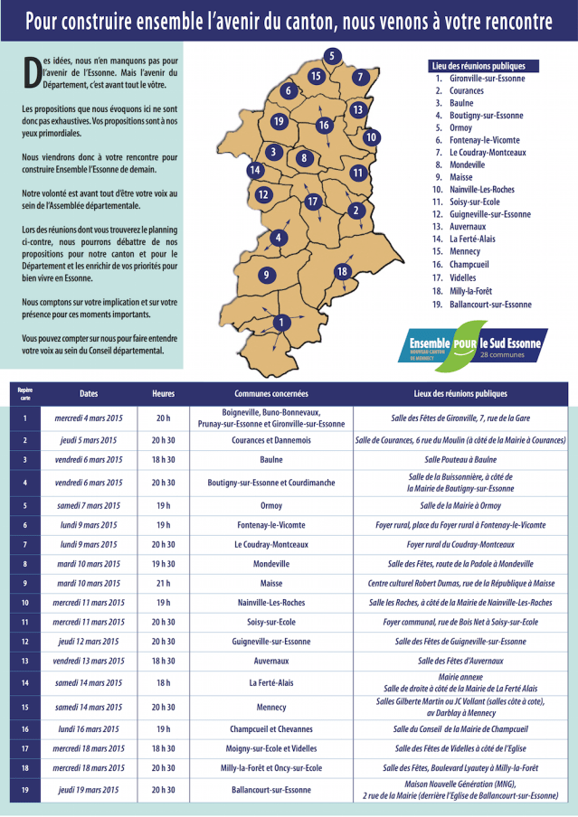 afficheReunionsPubliquesPatrickImbertCarolineParatreEnsemblePourLeSudEssonne2015